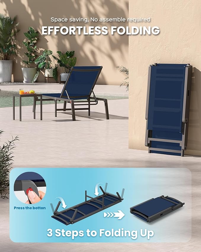Chaise Lounge Outdoor, Foldable Aluminum Pool Lounge Chairs with 5 Positions Recliner - Free Assembly - Patio Chaise Lounge Chair for Poolside, Beach, Yard (NavyBlue)