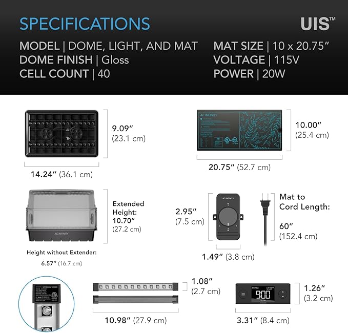 AC Infinity Heavy Duty 3mm Thick Humidity Dome Germination Kit with Waterproof Seedling Mat, Dimmable LED Grow Light Bars, Vented Height Extensions for Indoor Gardening, Seed Starting, Plant Cloning