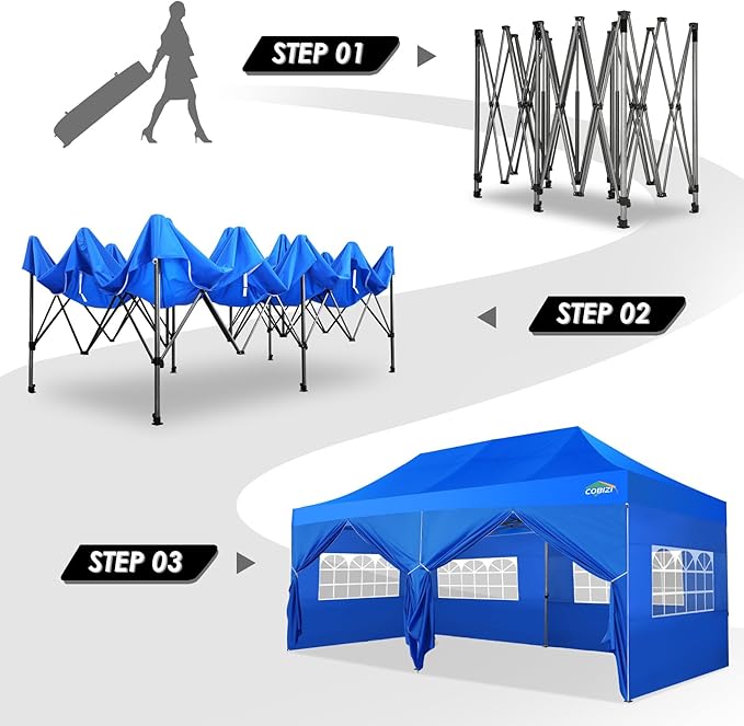 COBIZI 10x20 Canopy with Sidewalls, Heavy Duty Party Tent Pop up carpas para Fiestas, Tents for Parties, Wedding, Outdoor Ez up Foldable Portable Canopy Tent with Wheeled Bag, Blue(Windproof Upgrade)