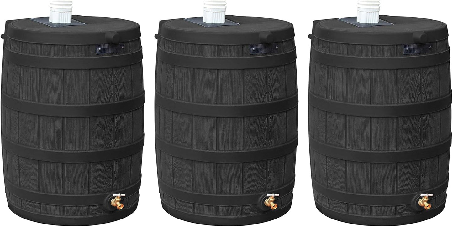 Good Ideas Rain Wizard 50 Gallon Plastic Outdoor Home Rain Barrel Water Storage Collector with Brass Spigot and Flat Back Design, Black (3 Pack)