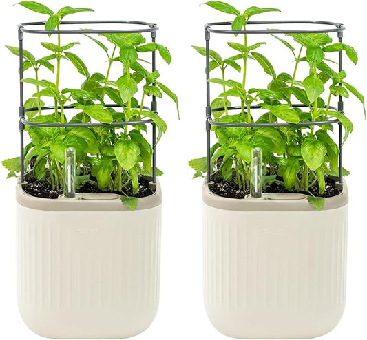 Vego garden Mini Planter Indoor Pots with Trellis Self-Watering Herb Countertop Planter for Climbing Vegetables Flowers Mint Plants Cage 2 Pack- Cream White