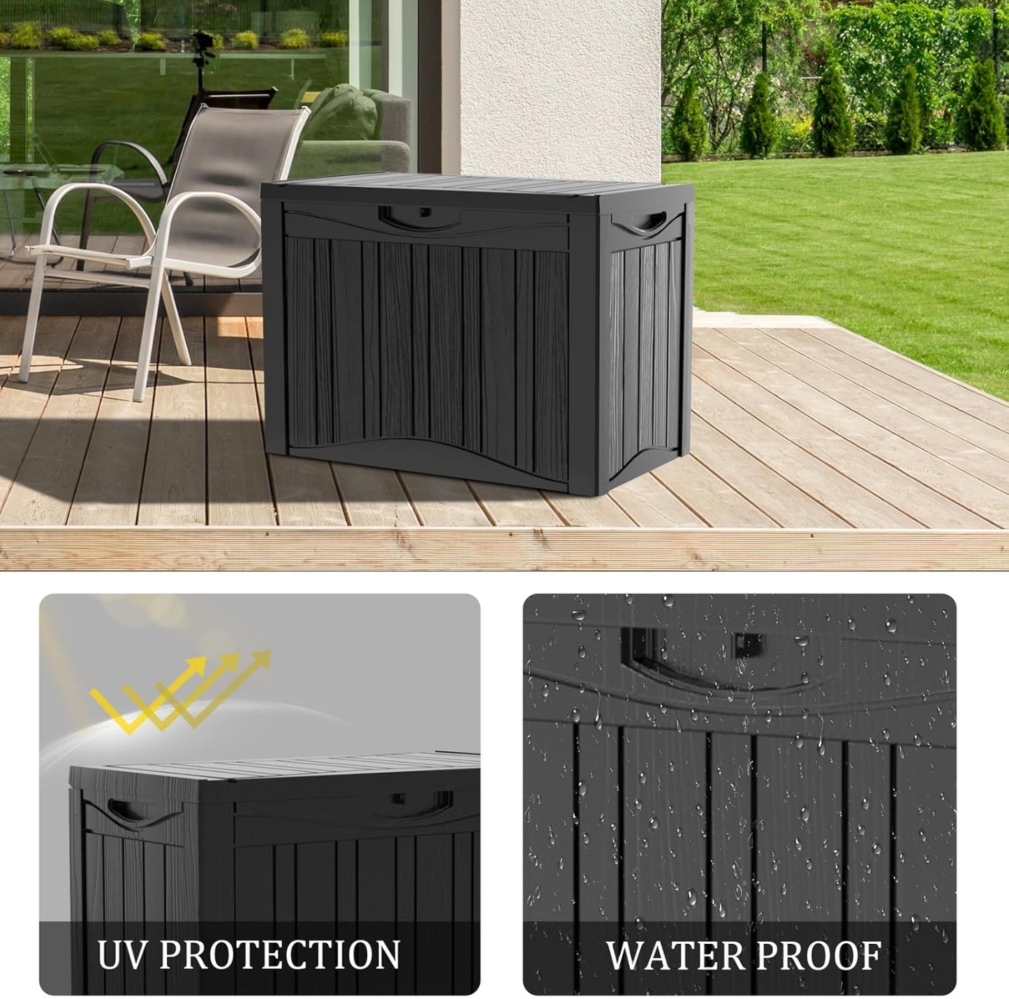50 Gallon Heavy Duty Outdoor Deck Box with Lockable Lid, All Weather Waterproof Storage for Patio Cushions, Pool Toys, Garden Tools - Rust-Proof Resin Design (Black)