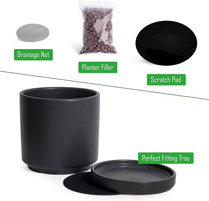 D'vine Dev 6 Inch Ceramic Planter Pot with Drainage Hole and Saucer, Indoor Cylinder Round Flower Pot, Black, 94-O-C-2