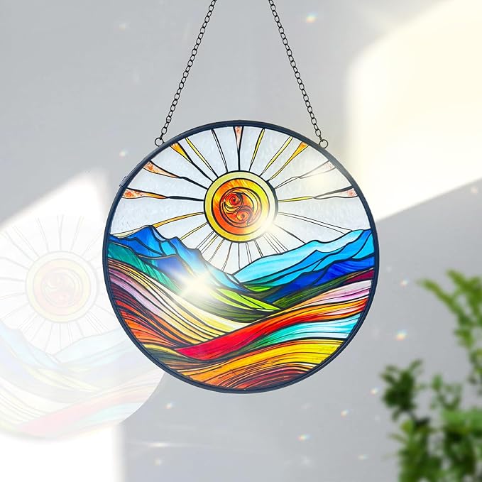 Artistic Colorful Sunrise Stained Glass Suncatcher - Window Wall Hanging Ornament Hand-Painted Glass Panel Sun Catcher - Decoration for Home Garden Christmas Party Wedding Housewarming Gifts