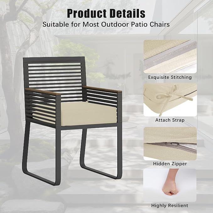 Favoyard Outdoor Chair Cushion 16 x 17 x 3 Inch Rainproof & 3-Year Fade Resistant Patio Furniture Cushions with Removable Cover and Adjustable Ties for Garden Sofa Couch Pads Set of 2, Beige