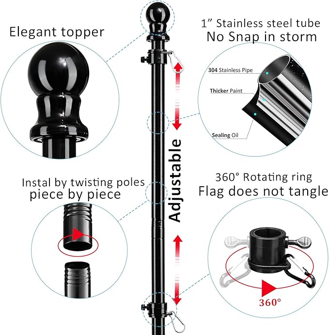 Black Flag Poles for Outside House inground - 8.5FT Metal Outdoor Yard House in Ground Flag Pole Holder for Porch with 2 Pronges Base - 3x5FT American Flag with Pole for House