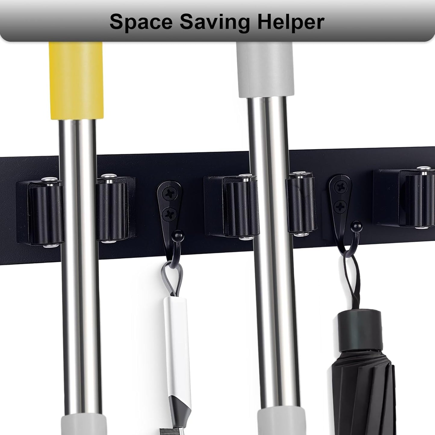 Broom Holder Wall Mount With 5 Slots & 4 Hooks，Rustic Wood Broom & Mop Hanger，Wall Mounted Garden & Garage Tool Storage Organizer Rack for Closet Laundry Room or Kitchen Wall Decor Black