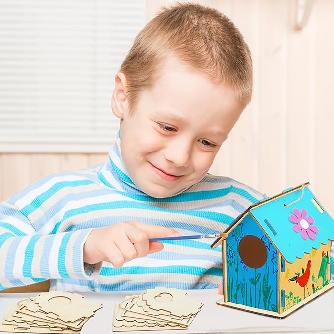 Fennoral 12 Pack Bird House Craft Kit for Kids Make You Own Bird Wind Chime Kit DIY Build and Paint Wooden Birdhouses Bird Feeder Art and Craft for Spring Yard Garden Outdoor Decoration