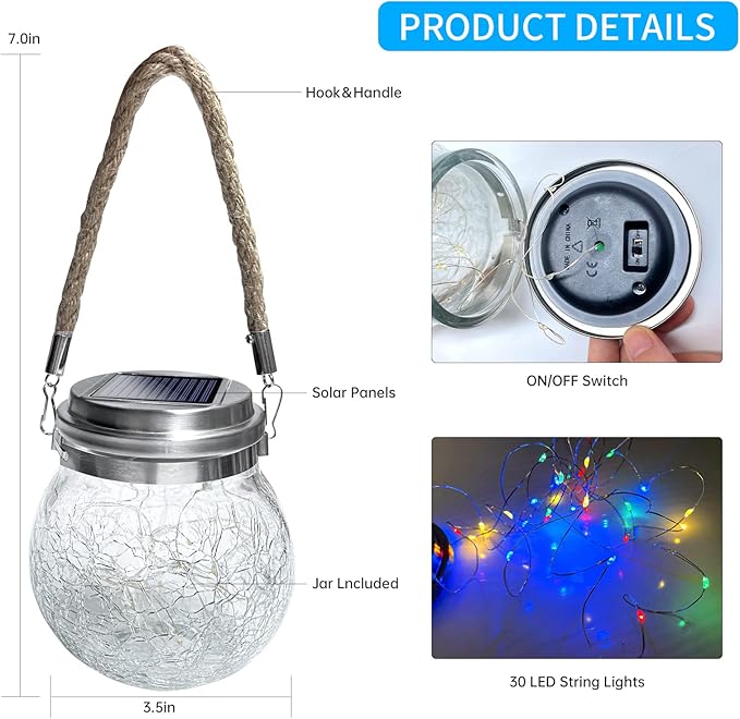 Hanging Outdoor Solar Lights, 30LED Cracked Glass Ball Decorative Lights,Solar Powered Waterproof Landscape with Handle for Tree Yard Garden Patio Fence Holiday Decor(Multicolor)