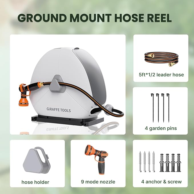Giraffe Tools Ground Mounted Retractable Hose Reel 1/2 Inch x 82FT, Heavy Duty Automatic Rewind Garden Hose Reel, with Flexible Swivel Base for Lawn, Concrete Floor