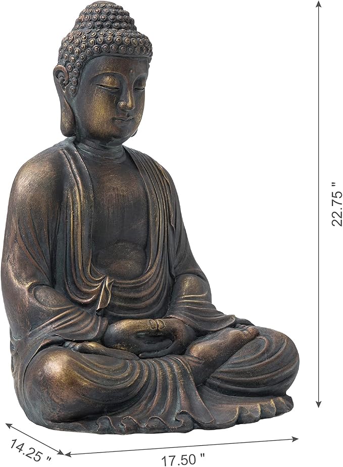 Glitzhome GH20384 22.75" Indoor Outdoor Sitting Meditating Buddha Zen Statue, 22.75 Inch Tall, Bronze