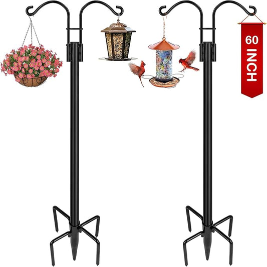 XDW-GIFTS Double Shepherds Hooks for Outdoor, 2-Pack Heavy Duty Garden Pole for Hanging Bird Feeder, Plant Baskets, Solar Light Lanterns, Garden Plant Hanger Stands with 5 Base Prongs