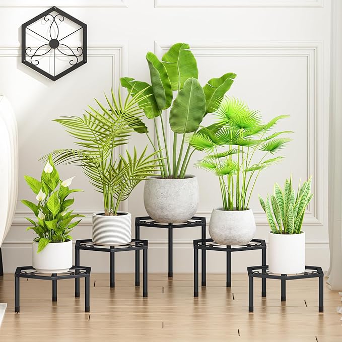 Small Metal Plant Stand indoor - 5 Pack Black Short Flower Pot Stand, Heavy Duty Anti-Rust Iron Shelf for Outdoor Home Patio Garden