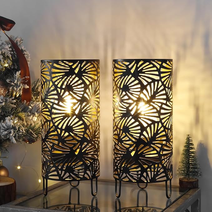 JHY DESIGN Set of 2 Metal Lamp Battery Powered 9''High Accent Cordless Lamp with LED Bulb Huge Fan Patterned Battery Lamp for Weddings Parties Patio Garden Indoors Outdoors Table Bed Room
