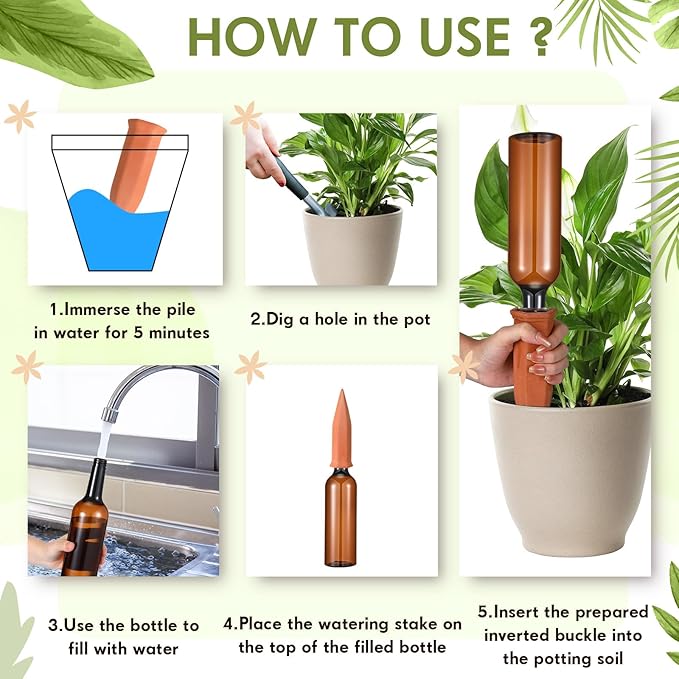 Baderke 8 Pcs 4 Set Plant Watering Devices, Terracotta Watering Spikes with 25 oz Plastic Wine Bottles, Slow Release Vacation Insert Automatic Plant Waterer Device for Indoor Outdoor