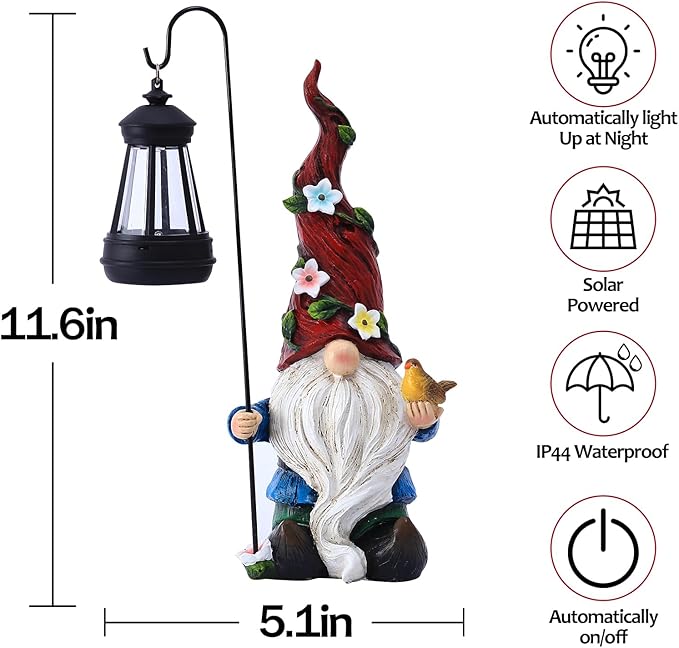 Garden Gnomes Outdoor Statue with Solar Lights,Solar Gnomes Decorations for Yard Outdoor gnome Decorations for Garden, Patio Gnome Gifts for Mom