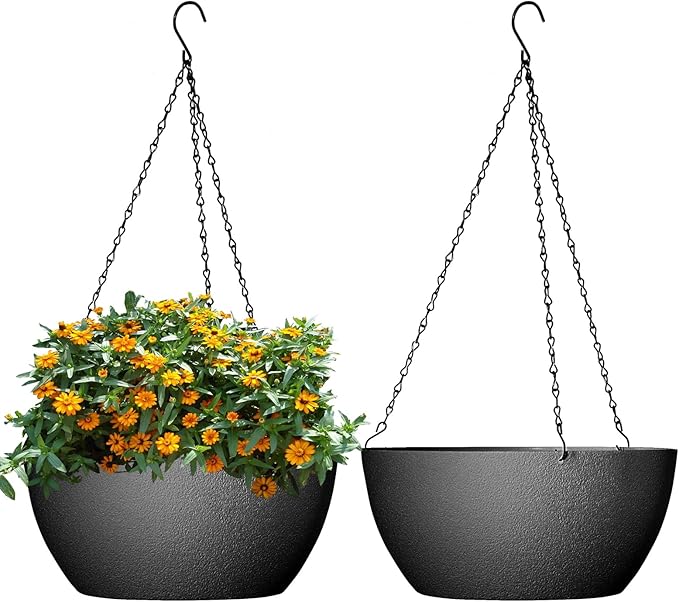 10 inch Hanging Planters for Outdoor Indoor Plants with Drainage Holes and Chain, 2 Pack Round Hanging Flower Pots for Garden Home Porch Decor, Black