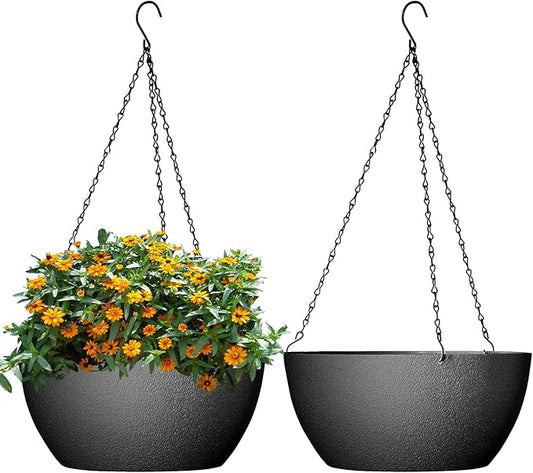 10 inch Hanging Planters for Outdoor Indoor Plants with Drainage Holes and Chain, 2 Pack Round Hanging Flower Pots for Garden Home Porch Decor, Black