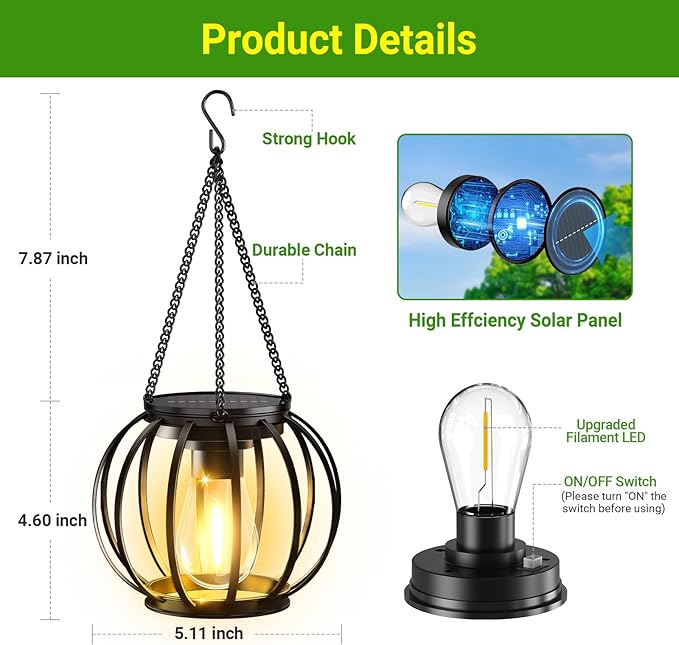 KOOPER Solar Lanterns Outdoor Lights, Upgraded Metal Solar Lantern, Brighter Hanging Solar Lights Outdoor Waterproof, Auto On/Off Solar Light for Yard Garden Patio Pathway Decor 2 Pack