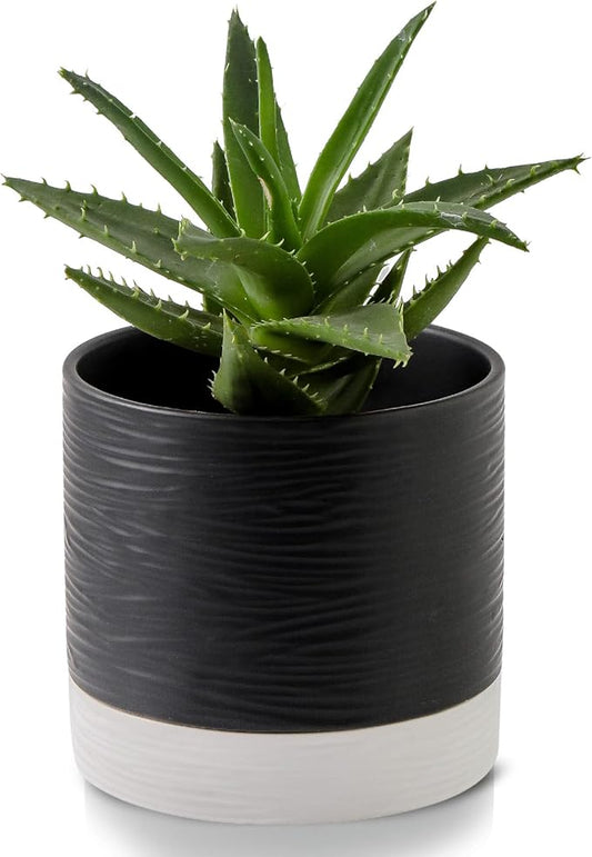 Nihow Ceramic Plant Pot: 6 Inch Planter with Drainage Hole & Saucer for Indoor & Outdoor Plants - Cylinder Round Flower Pot for Succulent/Herbs/Violets - Black & White