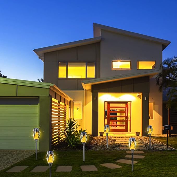 EOYIZW 8 Pack Solar Torch Light with Flickering Flame, 12 LEDs Solar Lights Outdoor, IP65 Waterproof Solar Tiki Torches for Outside Landscape Decoration Outdoor Lights for Garden Yard Patio