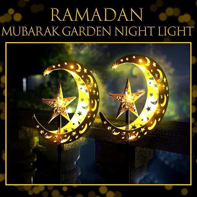 2 Pcs Ramadan Solar Lights Ramadan Decorations Outdoor Mubarak Star Moon Solar Stakes Lights Waterproof for Eid Decorations Outdoor Garden Walkway Lawn Patio Yard(Star)