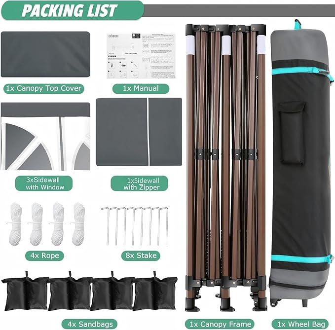 COBIZI 10x15 Pop Up Canopy Tent Heavy Duty with Sidewall, Commercial Outdoor Easy Pop Up Gazebo for Party Wedding All Weather Waterproof UV 50+ with Roller Bag(Leg Upgraded),Gray