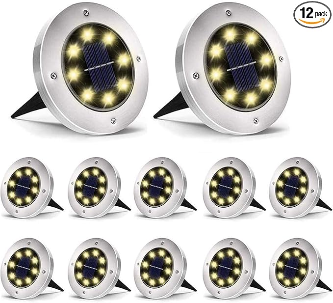 Aogist Solar Ground Lights 12 Packs, 8 LED Solar Garden Lights, Waterproof Outdoor Solar Disk Lights, In-ground Outdoor Landscape Lights for Pathway Yard Walkway Patio Lawn Path (Warm White)