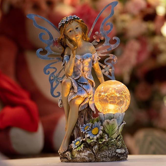 Garden Fairy Decor,Solar Outdoor Statues, Fairy Garden Accessories, Fairy Figurine for Outside Gifts,Resin Ornaments for Patio Yard Lawn,Size6.89 x 5.24x 12.68 inches