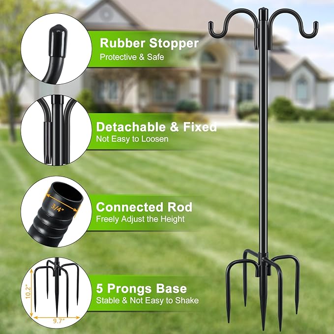 Gtongoko Double Shepherds Hook for Outdoor, 92.5 Inch Heavy Duty Bird Feeder Pole 3/4 Inch Thick Garden Hooks for Hanging Hummingbird Feeder, Plant Baskets, Solar Light Lanterns, 1 Pack