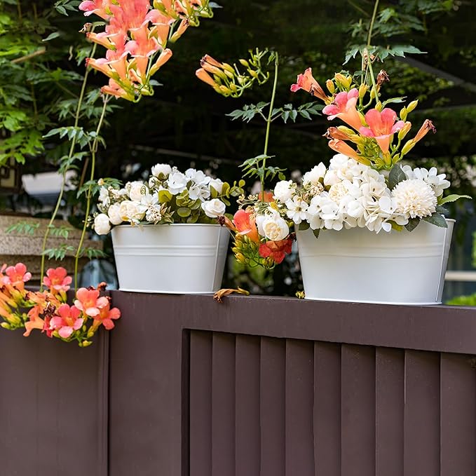 3 Pack Metal Hanging Flower Pots for Railing Fence，Outdoor Balcony Rail Planter with Detachable Hooks Drainage Holes for Deck Garden Home Decor White