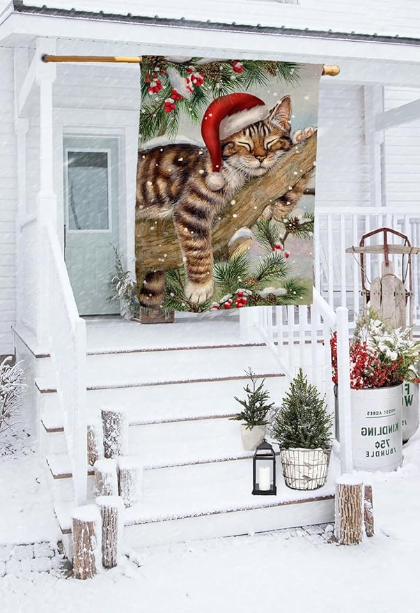 BLKWHT Winter Cat House Flag 28 x 40 Vertical Double Sided Christmas Holiday Outside Decorations Burlap Yard Flag BW738-40