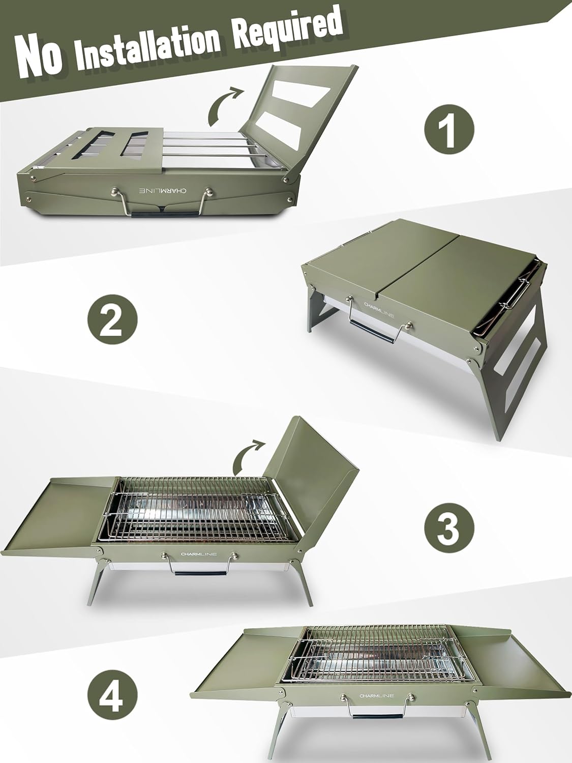 Charmline 20x14inch Big Desktop Charcoal Grill, Liftable Grilling Net, Saving Space Grill for Indoor and Outdoor, BBQ Grill for Camping, Gardens, Picnics, Beach Parties, Green, Max