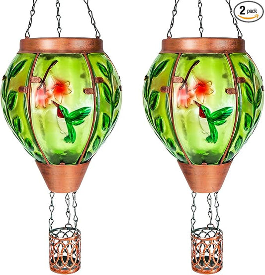 2 Pack Solar Hot Air Balloon Lantern with Flame，Hummingbird Outdoor Solar Lanterns for Outside Garden Yard Farmhouse Patio Pathway Decoration, Hummingbird Gifts for Women Grandma Mom - Hummingbird