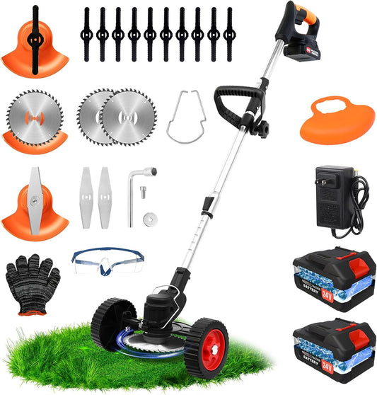 ALSO GO 24V Electric Weed Wacker, Cordless Grass Trimmer with 2 Batteries & Charger, 3 in 1 Stringless Brush Cutter/Weed Eater/Edger/Lawn Mower with 3 Types Blade & Wheels for Garden and Yard Lawn