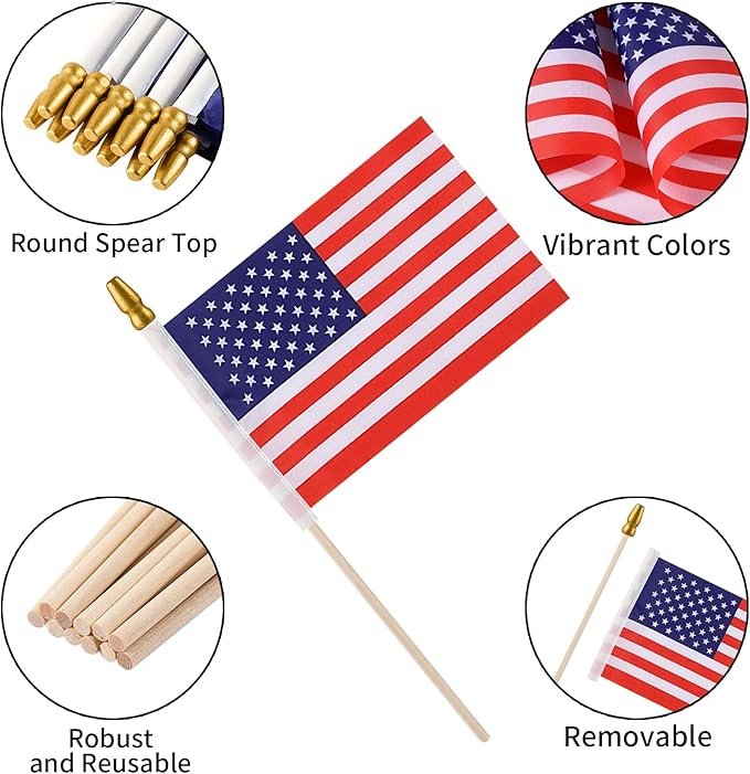 150pcs Small American Flags on Stick, Handheld 8 x 5.5 Inchs Mini American Flags with Kid-Safe Golden Spear Top, US Flags for 4th of July Decorations Outdoor, Independence Day Decorations