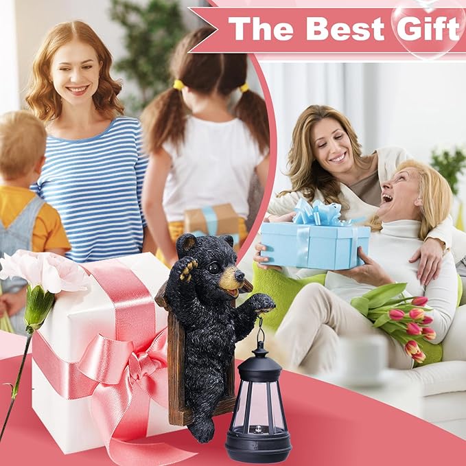 Black Bear Decor with Solar Lantern Tree Hugger - 7 Inch Bear Statue Outdoor Garden Yard Decor,Best Bear Garden Gifts for Mom,Women