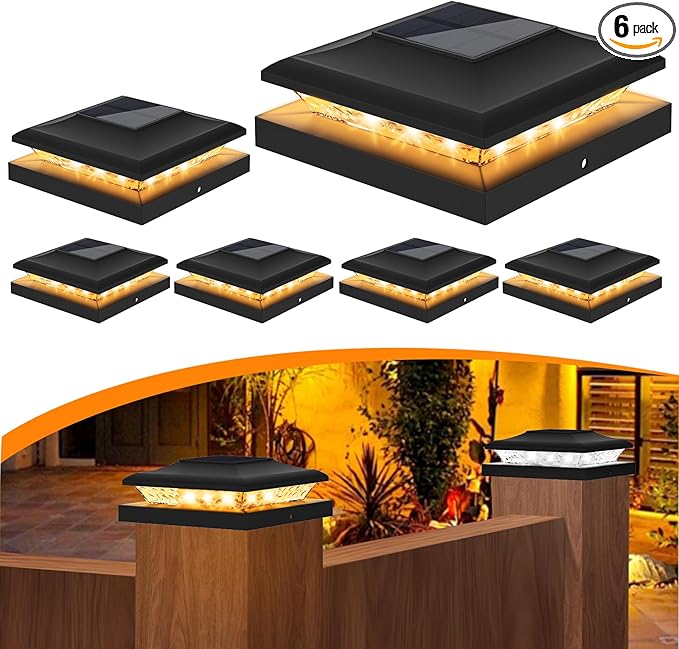 6 Pack Solar Post Cap Light Outdoor Fence Cap Lights 2 Color Modes 24 LEDs for Wooden/Vinyl Post, Waterproof Deck Patio Decoration Fits 5x5, 5.5x5.5 or 6x6 Wooden Posts (3000k/6000k)
