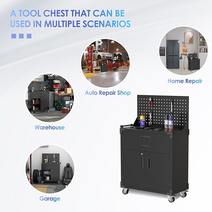 Tool Chest, Tool Cart with 2 Drawer and Lockable Doors, Garage Storage Cabinet with Wheels, Pegboard and 4 Hooks for Garage, Workshop, Metal Tool Storage Cart