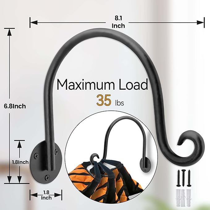 AJART Hanging Plant Hanger Outdoor: Bird Feeder Wall Hooks - 8 Inch Plant Bracket Hook for Hanging Flower Baskets 4 Pieces