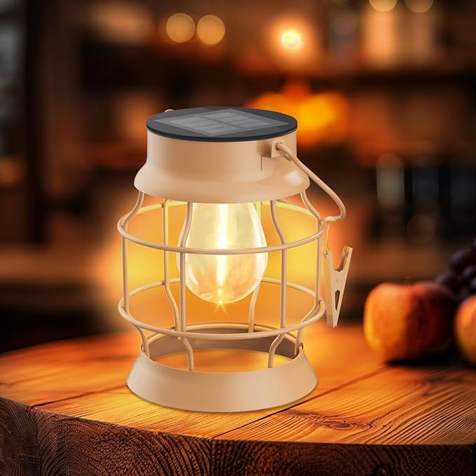 2 Pack Solar Outdoor Lights Metal Hanging Solar for Outside Lights Outdoor Waterproof Retro Design with Edison Bulb Decorative for Patio Porch Fence Garden Lawn