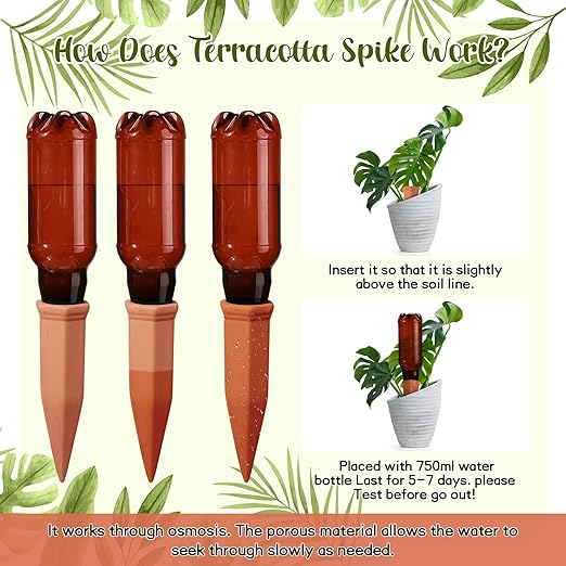 6 Sets Plant Watering Devices Include Terracotta Self Watering Spikes and 26 oz Plastic Bottles Slow Release Vacation Insert Automatic Plant Watered Device