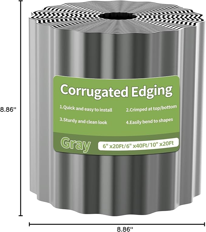 Corrugated Metal Garden Edging, 6"×40Ft Durable Landscape Border for Garden, Lawn, Flower Beds and Paver Edging (Gun Silver)