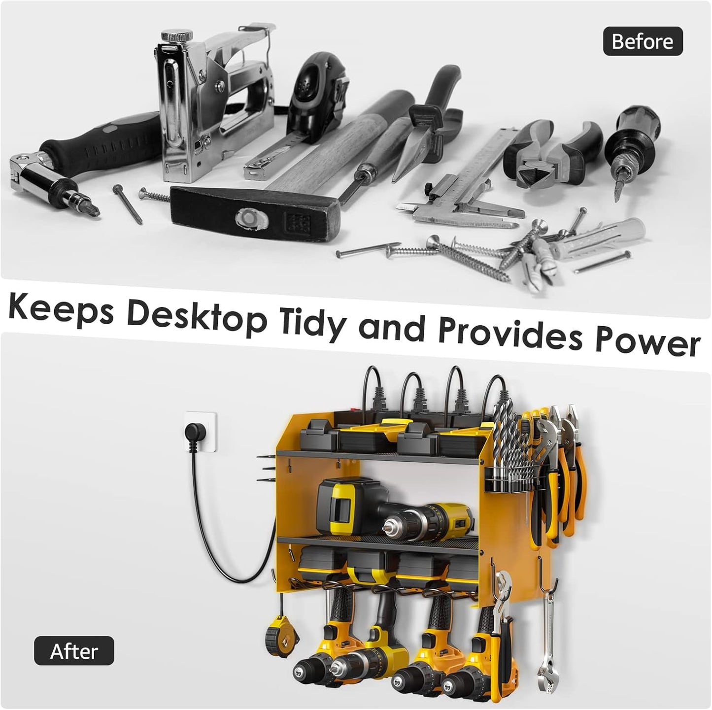 CCCEI Modular Power Tool Organizer Wall Mount with Charging Station. Garage 4 Drill Storage Shelf with Hooks, Screwdriver, Drill Bit Heavy Duty Rack, Tool Battery Holder Built in 8 Outlet Power Strip.