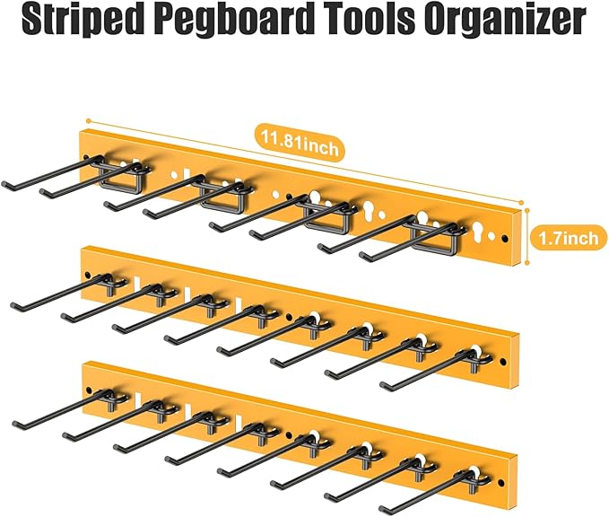 CCCEI 3 Modular Pegboard Strip Storage, Metal Peg Slat Wall Mount for Garage, Basement, Garden, Laundry Room Organization. Flexible Tool Organizer for Rake, Shovels, Crafting. Gifts for Men, Yellow.