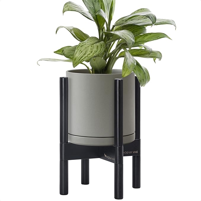 D'vine Dev Ceramic Planter with Ebony Stand - 8 Inch Modern Round Flower Pot with Wood Planter Holder, Grey, 55-B-M-3