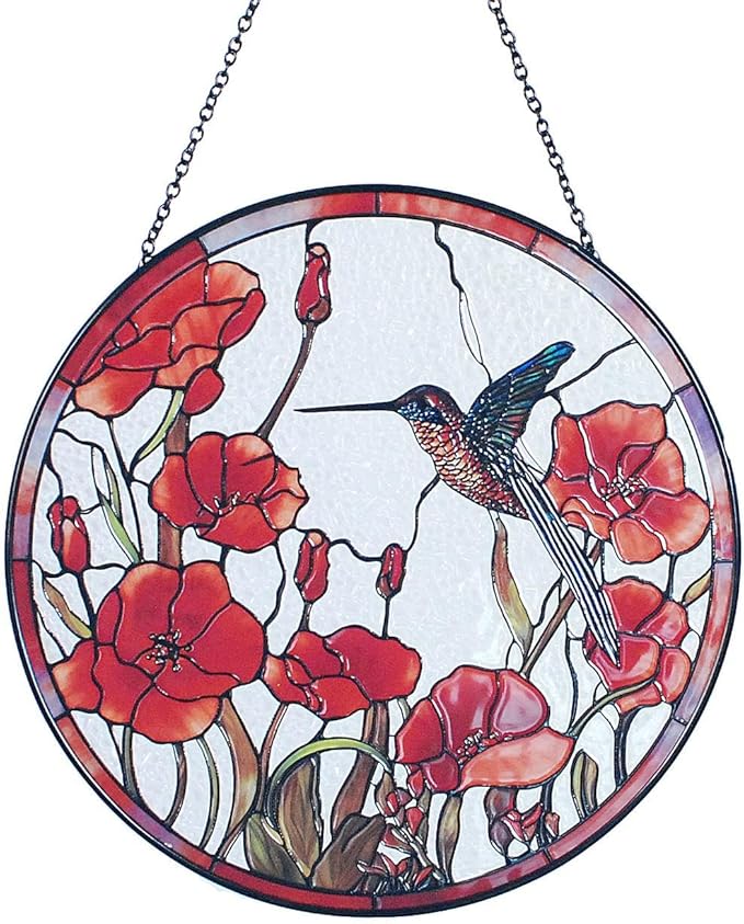 7.8'' Hummingbird Suncatcher Stained Glass Suncatchers - Originally Designed Hummingbird Red Poppies Ornament for Sun Catcher Indoor Window | Gifts for Hummingbird Lovers Painted Glass Panel Decor
