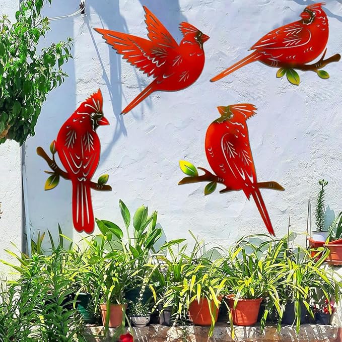 4 Pack Metal Cardinal Wall Art Decor Metal Birds 3D Outdoor Sculpture, Ornaments Hand-Made Nimble red Bird, Gifts for Mom,Birthday Gifts for Grandma Wife