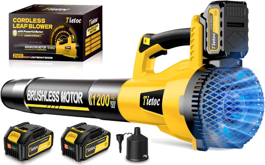 Tietoc Leaf Blower Cordless, 735CFM/200MPH Brushless Electric Leaf Blower with 2 X 5.0Ah Battery, 6 Speed Levels, 2 Extended Tube and Nozzles, Powerful Leaf Blowers for Garden, Lawn Care (Yellow)
