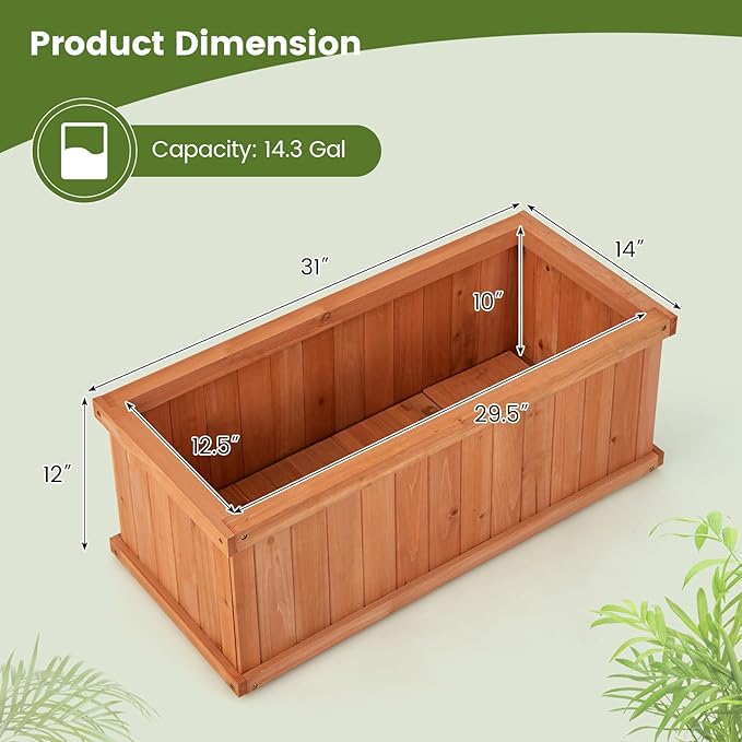 HAPPYGRILL Raised Garden Bed, Outdoor Elevated Flower Box w/ 4 Drainage Holes & Detachable Bottom Panels, Wood Planter Box for Vegetables Flowers Herbs & Fruits Growing, 31” x 14” x 12”